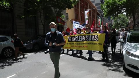 Sydney, NSW, Australia - December 11th, 2021: No Nuclear Subs, No AUKUS Pact, No War On China protest organised by the Sydney Anti-AUKUS Coalition.