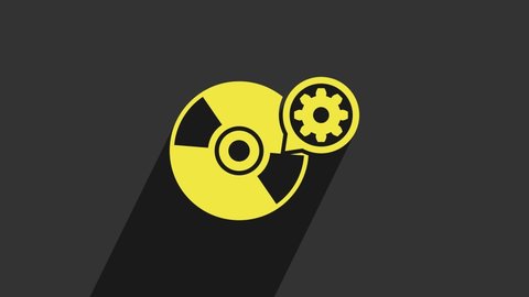 Yellow CD or DVD disk and gear icon isolated on grey background. Adjusting app, service concept, setting options, maintenance, repair, fixing. 4K Video motion graphic animation.