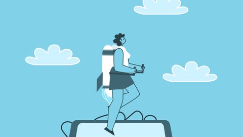 Flying woman with jet pack with smartphone. Flat Design Cartoon Character Isolated Loop 2d Animation with Alpha Channel