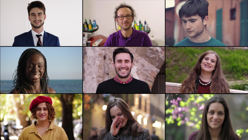 composition of young carefree people lookin at the camera smiling