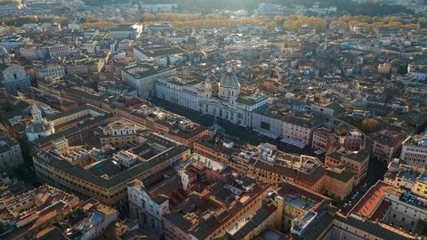 Aerial drone video of iconic masterpiece elliptic square - Piazza Navona, Rome historic centre, Italy