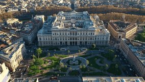 Aerial drone video of iconic Cassation court Palace of justice, the highest supreme court of Italy next to famous piazza Cavour, Rome historic centre