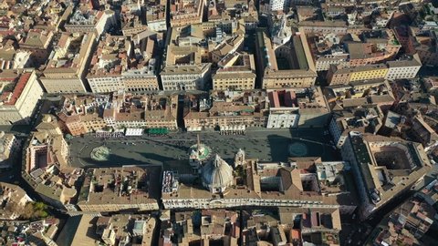 Aerial drone top down video of iconic masterpiece elliptic square - Piazza Navona, Rome historic centre, Italy