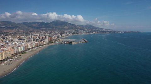 Aerial 4K video from drone to Fuengirola City Costa del Sol of Fuengirola beachfront.  
Fuengirola ,Malaga ,Spain