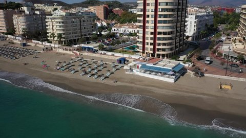 Aerial 4K video from drone to Fuengirola City Costa del Sol of Fuengirola beachfront.  
Fuengirola ,Malaga ,Spain