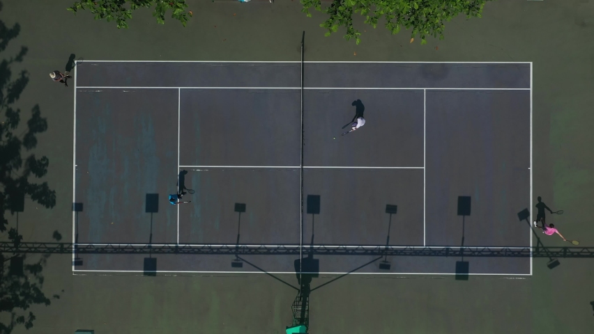 Aerial top down view of men