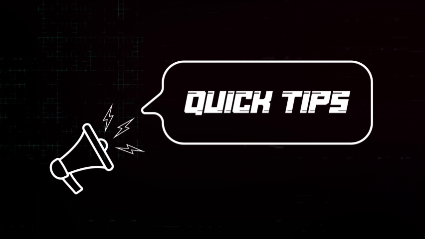 Megaphone with speech bubble and the Quick tips text on old tv glitch interference screen. Animation of retro quick tips text. 4K video motion graphic