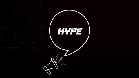 Megaphone with speech bubble and the hype text on old tv glitch interference screen. Animation of retro Hype text. 4K video motion graphic