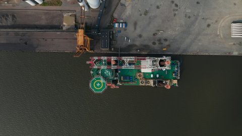 Overhead view of Liebherr Seafox 5, the biggest offshore crane moored at Esbjerg, Denmark. Seafox 5 is a four-legged unit for accommodation, construction, transportation, installation and maintenance