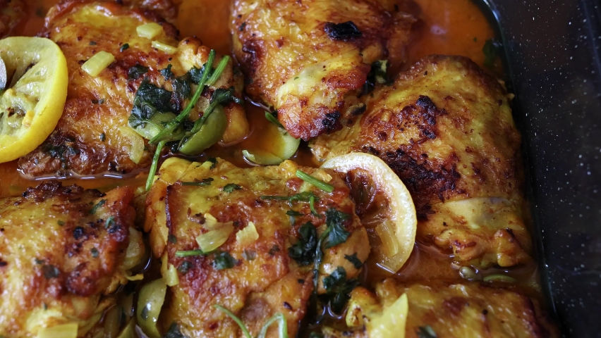 Close up of roasted Moroccan Lemon Chicken Royalty-Free Stock Footage #1083748648