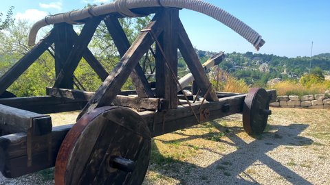 Les Baux-de-Provence, France - August 2021 : Big wooden catapult in the castle of Les Baux de Provence