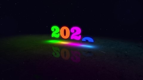 Turn of the new year from 2021 to 2022 with neon glowing effect 2d animation in 4k. The 2022 New Year flickering motion graphic with stars burst particle background.
