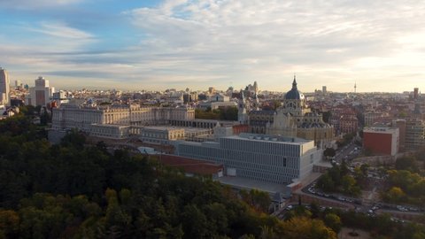 Top view of Royal Palace of Madrid and Almudena cathedral at the sunrise, Spain.