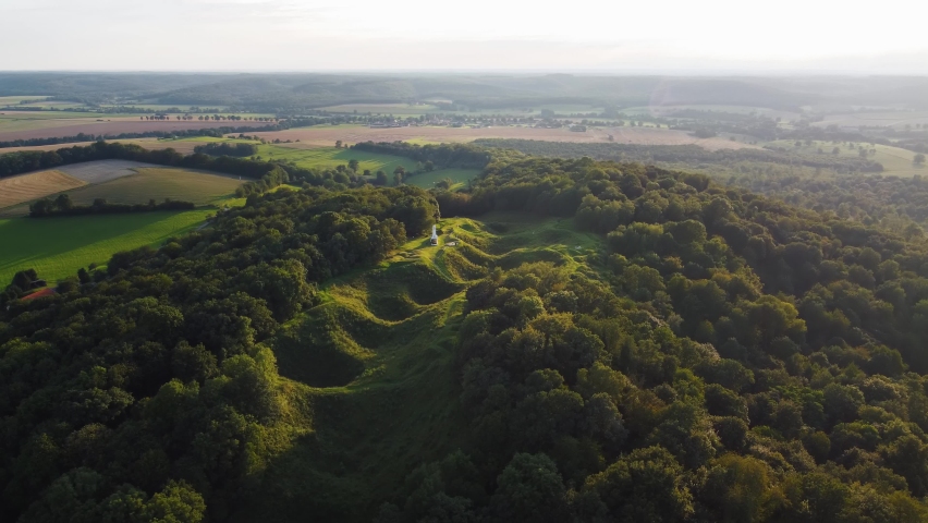 Memorial at First World War One battlefield Butte de Vauquois with mine-cratered landscape near Verdun, France