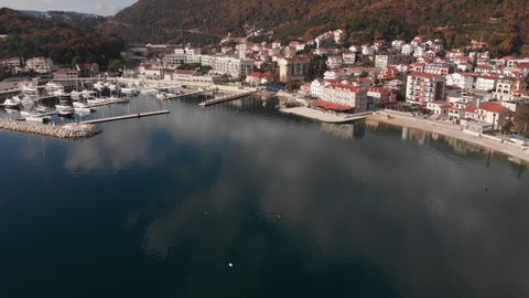 Panoramic view of the city of Herceg Novi, the marina and the beach