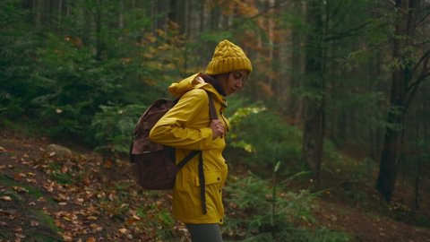 slow motion pretty woman in yellow jacket and beany with tourist backpack walking alone through wet autumn forest wild nature enjoying weekend hiking adventure alone. people in nature outdoors.