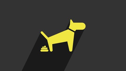 Yellow Dog pooping icon isolated on grey background. Dog goes to the toilet. Dog defecates. The concept of place for walking pets. 4K Video motion graphic animation.
