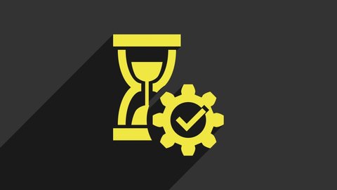 Yellow Hourglass and gear icon isolated on grey background. Time Management symbol. Clock and gear icon. Productivity symbol. 4K Video motion graphic animation.