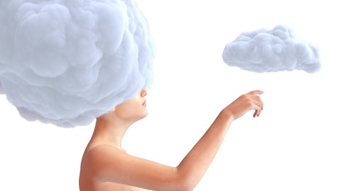 Woman body with cloud on head isolate on white background. Realistic 3d art composition in creative modern stop motion style. Minimal abstract graphic design. Fashion loop animation.