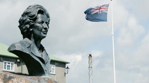 Stanley, Falkland Islands (Malvinas) - March 2021: Bronze Bust of Margaret Thatcher Erected after the 1982 Falklands War, Port Stanley, Falkland Islands (Islas Malvinas). 4K Resolution.