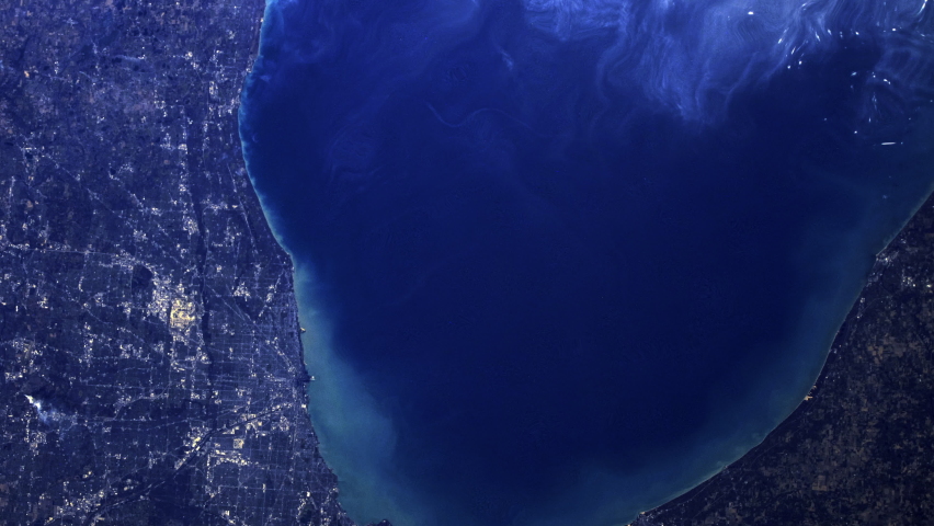 Chicago city aerial satellite view from space, sunrise animation. Based on image furnished by Nasa
