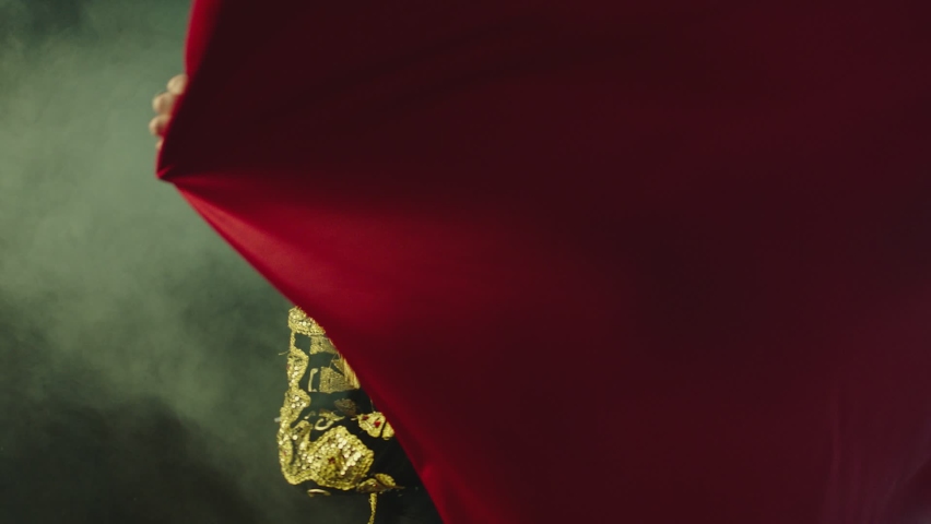 Male dancer or toreador imitating moves of matador bullfighter on black smoky background .  Man bullfighter dressed in bullfighting costume . Shot on ARRI Alexa cinema camera in Slow Motion 