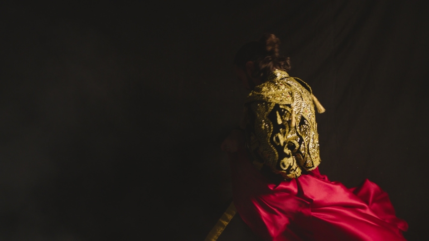 Male dancer or toreador imitating moves of matador bullfighter on black smoky background .  Man bullfighter dressed in bullfighting costume . Shot on ARRI Alexa cinema camera in Slow Motion 