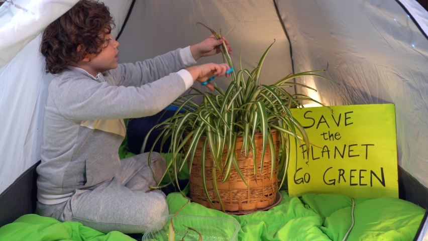 Italy, Milan , Activist boy Child 7 years old with sign Save the Planet , go green - Friday for Future Youth 4 Climate - boy camping home in tent during Covid-19 Coronavirus lockdown - no planet B