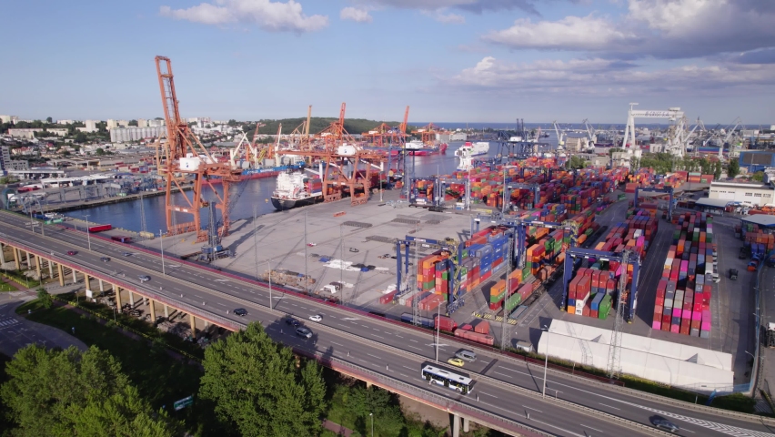 Port of Gdynia. Seaport, containers, container ships and sea transport from the bird
