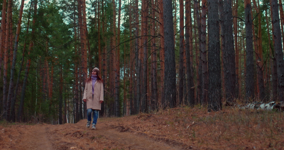 Pretty girl walks in a coniferous forest, looks around and enjoys nature. Girl touches the sweater with her hands, she is cold. Autumn walk in a fabulous forest with tall pines. 4k, ProRes