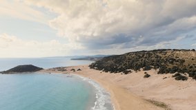 Aerial View of Golden Beach the best beach of Cyprus, Karpas Peninsula, North Cyprus. Travel concept and idea. Beautiful tropical beach. Golden sands. North Cyprus, Golden Beach.