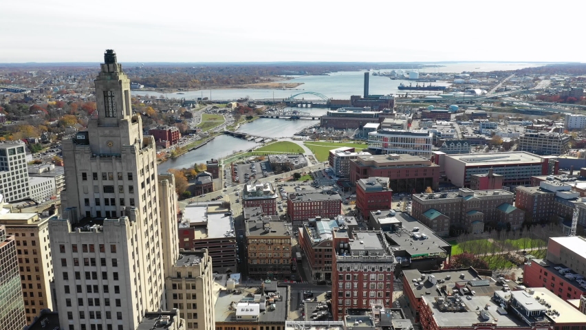 Aerial video downtown Providence Rhode Island during the fall