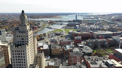 Aerial video downtown Providence Rhode Island during the fall