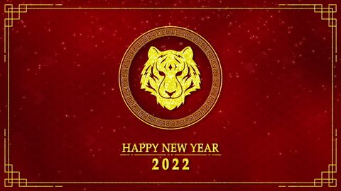 Motion graphic of Golden tiger logo with chinese new year and year of the Tiger 2022 on dark red background and glitter particle in a happy new year concept seamless loop video