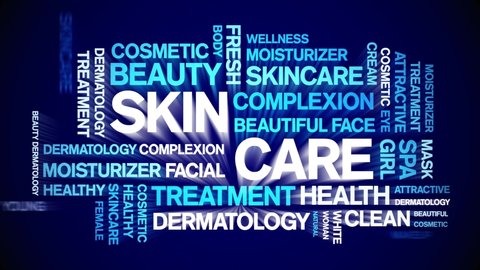 Skin Care animated tag word cloud,text design animation kinetic typography seamless loop. 