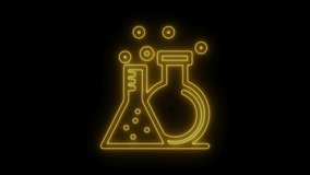 Neon line Test tube and flask chemical laboratory test icon isolated on black background. Laboratory glassware sign. 4K animation.