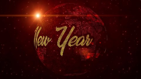 Red Gold Shine Happy New Year 2022 Greeting On Square Dotted Globe Earth World Map Rotating With Stars Lighting Flare And Colorful Fireworks Seamless Loop 3d Rendering