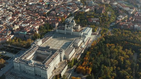 Aerial footage of Royal Palace complex. Historic buildings and official residence of the Spanish royal family.
