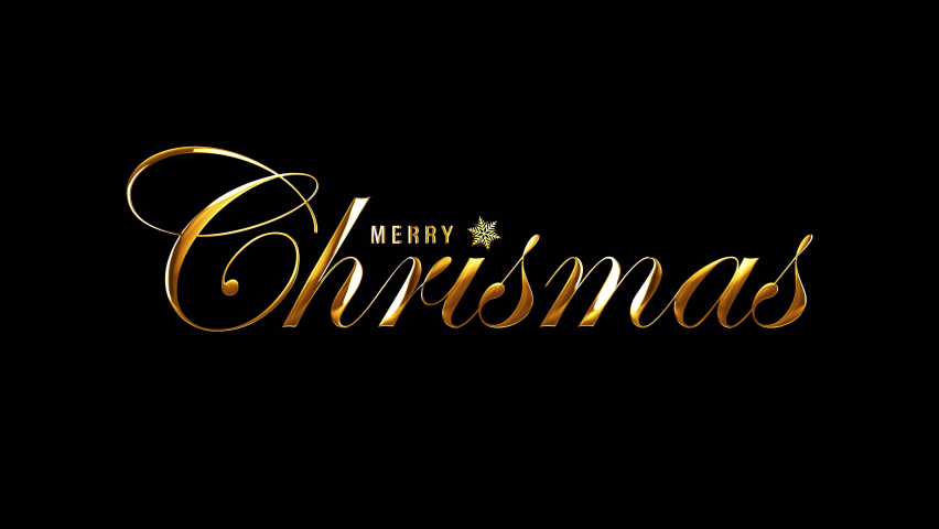 Merry Christmas golden text banner loop animation isolated word on blak background using QuickTime Alpha Channel ProRes 4444. 4K 3D rendering seamless loop Merry Christmas word isolate effect
