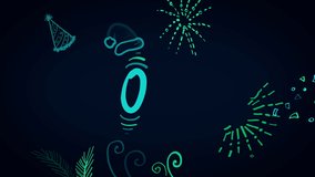 Neon Led Light 2022 New Year Doodle Style Card or Banner Design. rotating Led Light Style Holiday and Party Decorations. Fireworks, Confetti, Party hat, Christmas hat and else. Creative modern design.