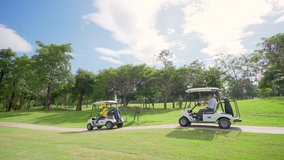 Group of Asian people businessman and senior CEO enjoy outdoor activity lifestyle sport golfing together at golf country club. Healthy men golfer driving golf cart on golf course in summer sunny day - Powered by Shutterstock - Get 15% off with code: PIKWIZARD15