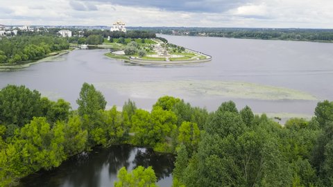 Yaroslavl, Russia. Strelka (Spit), Kotorosl flows into the Volga River, and where, according to legend, Prince Yaroslav the Wise founded the city of Yaroslavl, Aerial View Hyperlapse