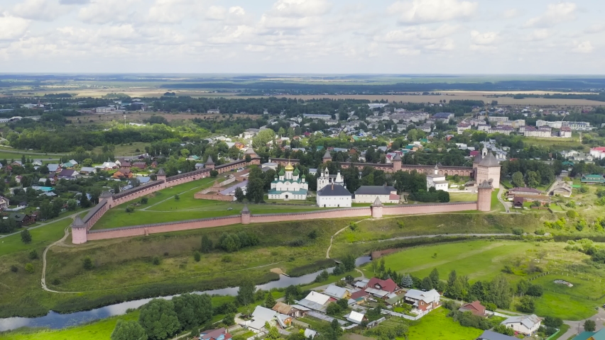 Suzdal, Russia. Flight. The Saviour Monastery of St. Euthymius is a monastery in Suzdal, founded in 1352, Aerial View Hyperlapse, Point of interest