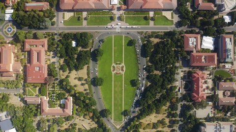Stanford University May 2019. Top down Stanford University park on summer day, 4K aerial top-rated college the United States of America. Historic buildings world famous university building Palo Alto