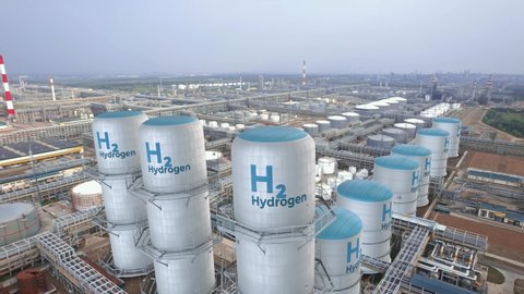 Hydrogen renewable energy production factory plant. H2 hydrogen gas for clean electricity carbon free energy.