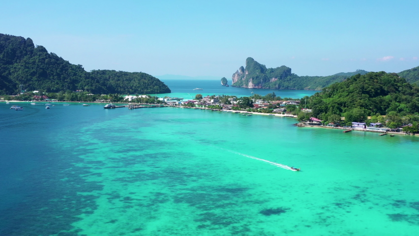 Footage 4k B-roll Aerial drone view of  the tropical island over Tonsai Village, Ao Tonsai, Ao Dalum Phi-Phi island, Krabi Province, The best of Thailand 