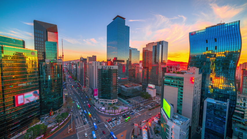 Beautiful Sunset,Top view traffic at Gangnam City in Seoul, South Korea.Time lapse 4K