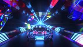 The diamond car is driving through the tunnel at high speed. Blue neon light. 3d animation of seamless loop