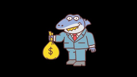 Boss shark standing points to bag of money and smiles. Frame by frame animation. Alpha channel. Looped animation