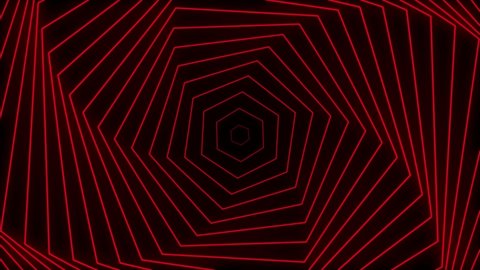 The red neon hexagonal tunnel moves far away. neon geometric background abstract 3d background with spectral metallic light long tunnel
